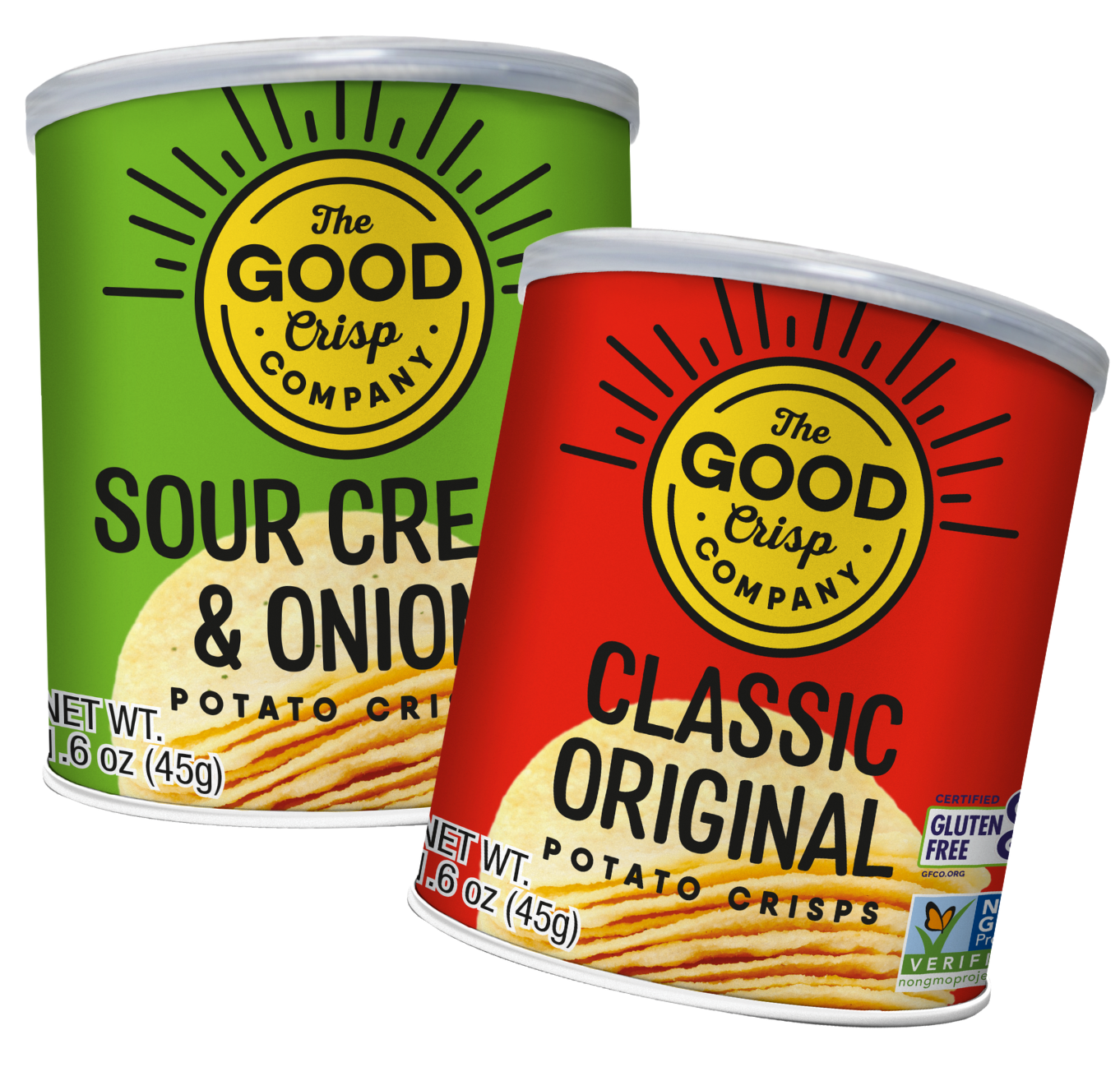 image of one can of the good crisp company original flavor chips in 1.6oz can and one can of the good crisp company sour cream and onion flavor chips in 1.6oz can