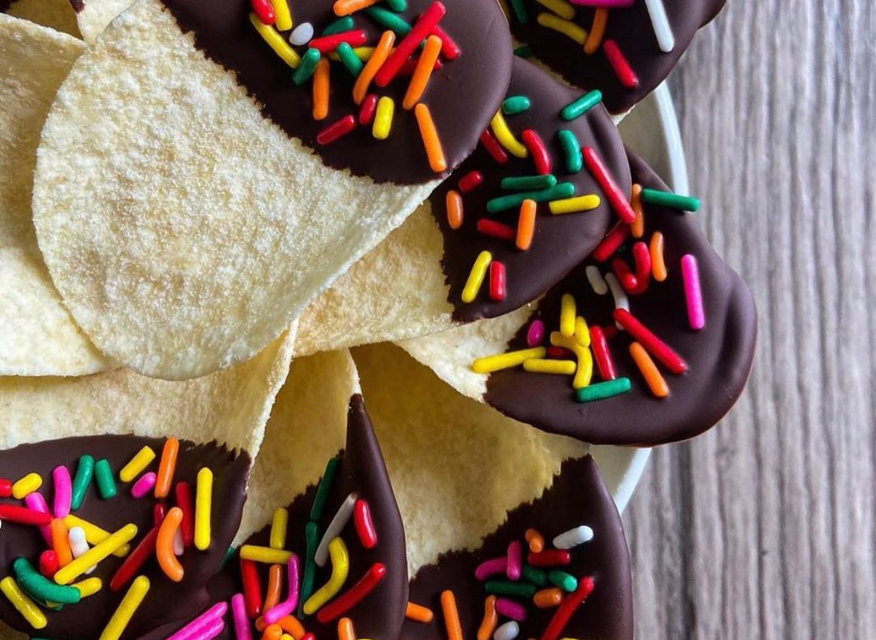 Good Crisp chips dipped in chocolate and sprinkles