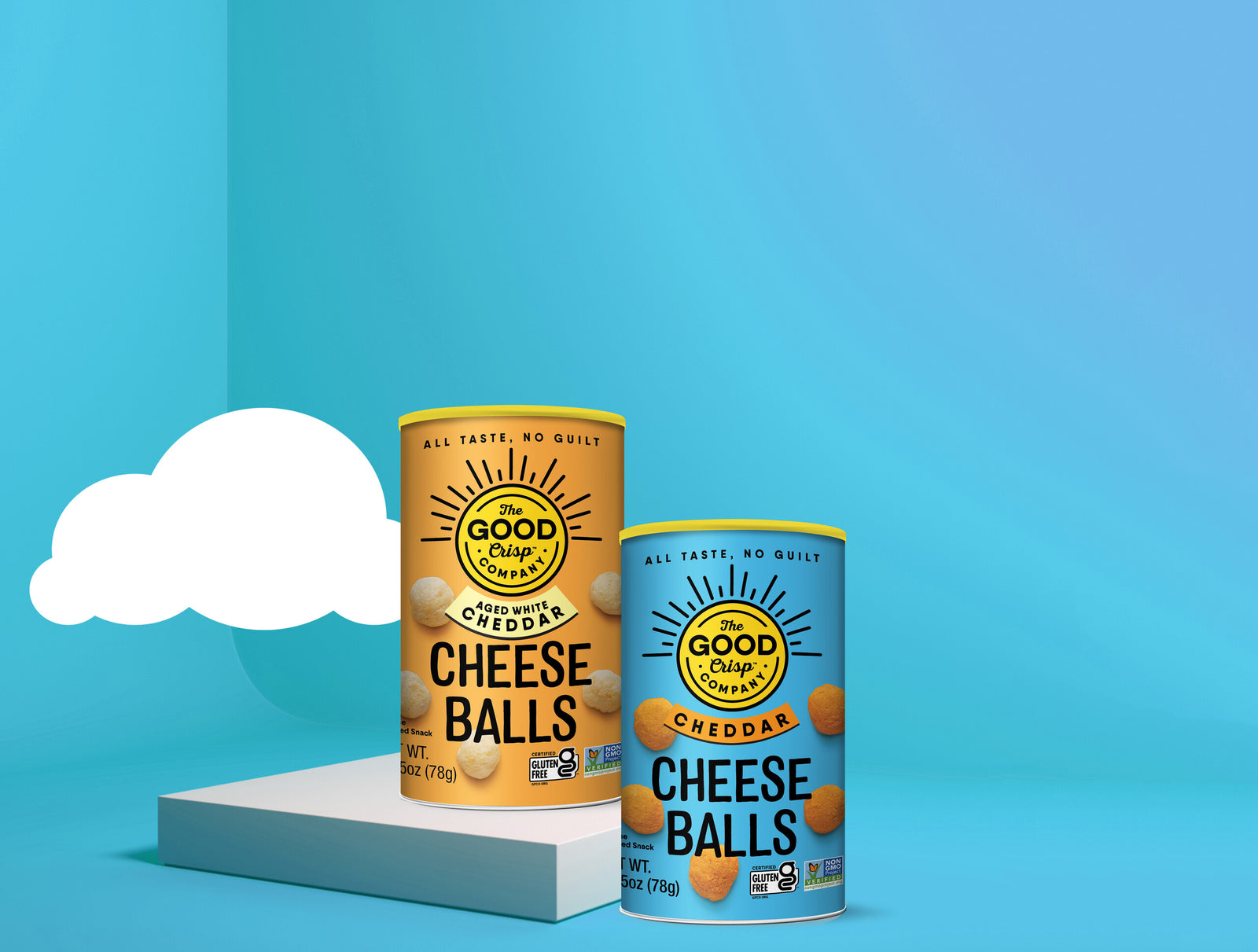Aged White Cheddar Cheese Balls pack next to Cheddar Cheese Balls pack, with illustrated cloud in background