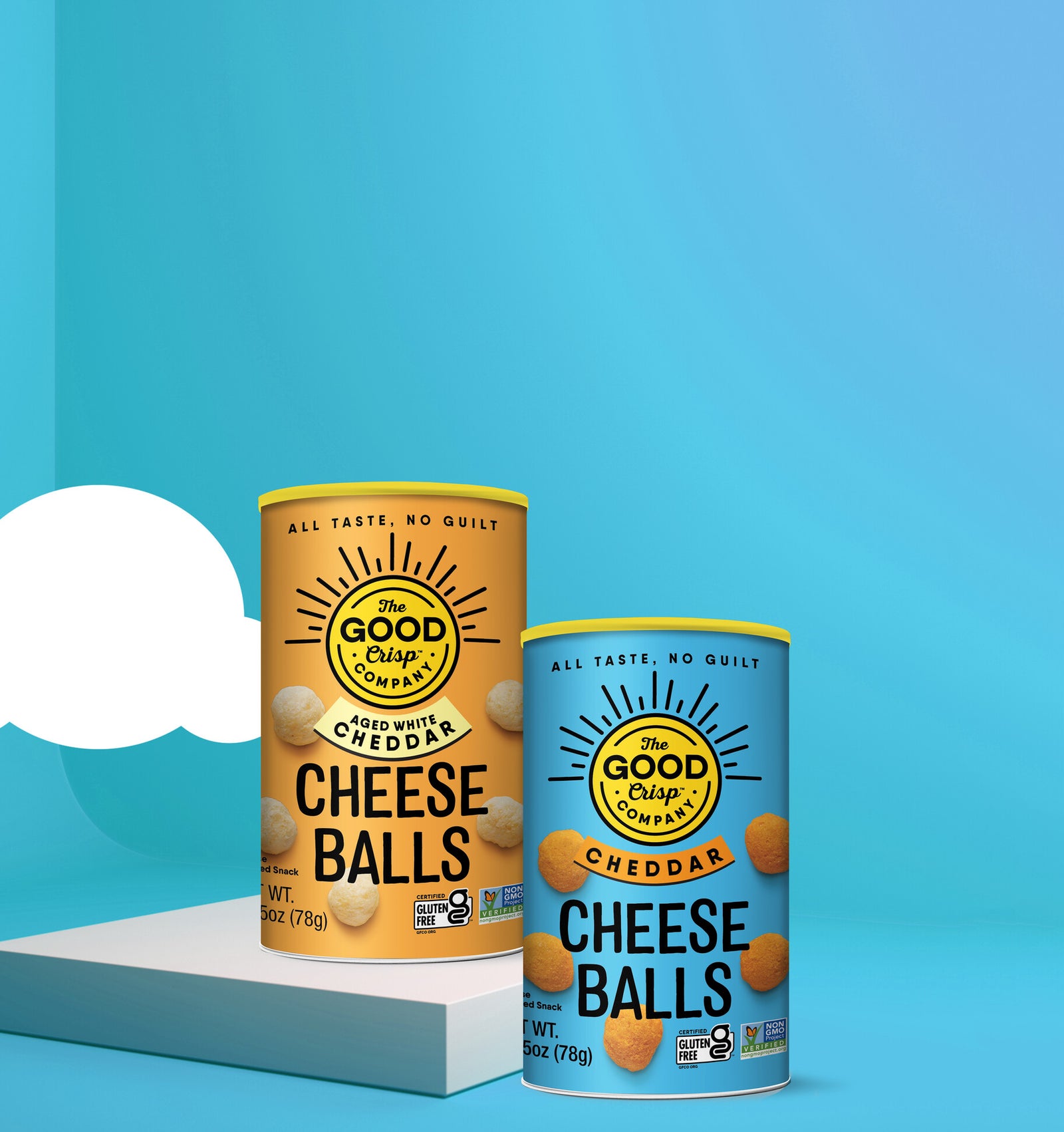 Aged White Cheddar Cheese Balls pack next to Cheddar Cheese Balls pack, with illustrated cloud in background