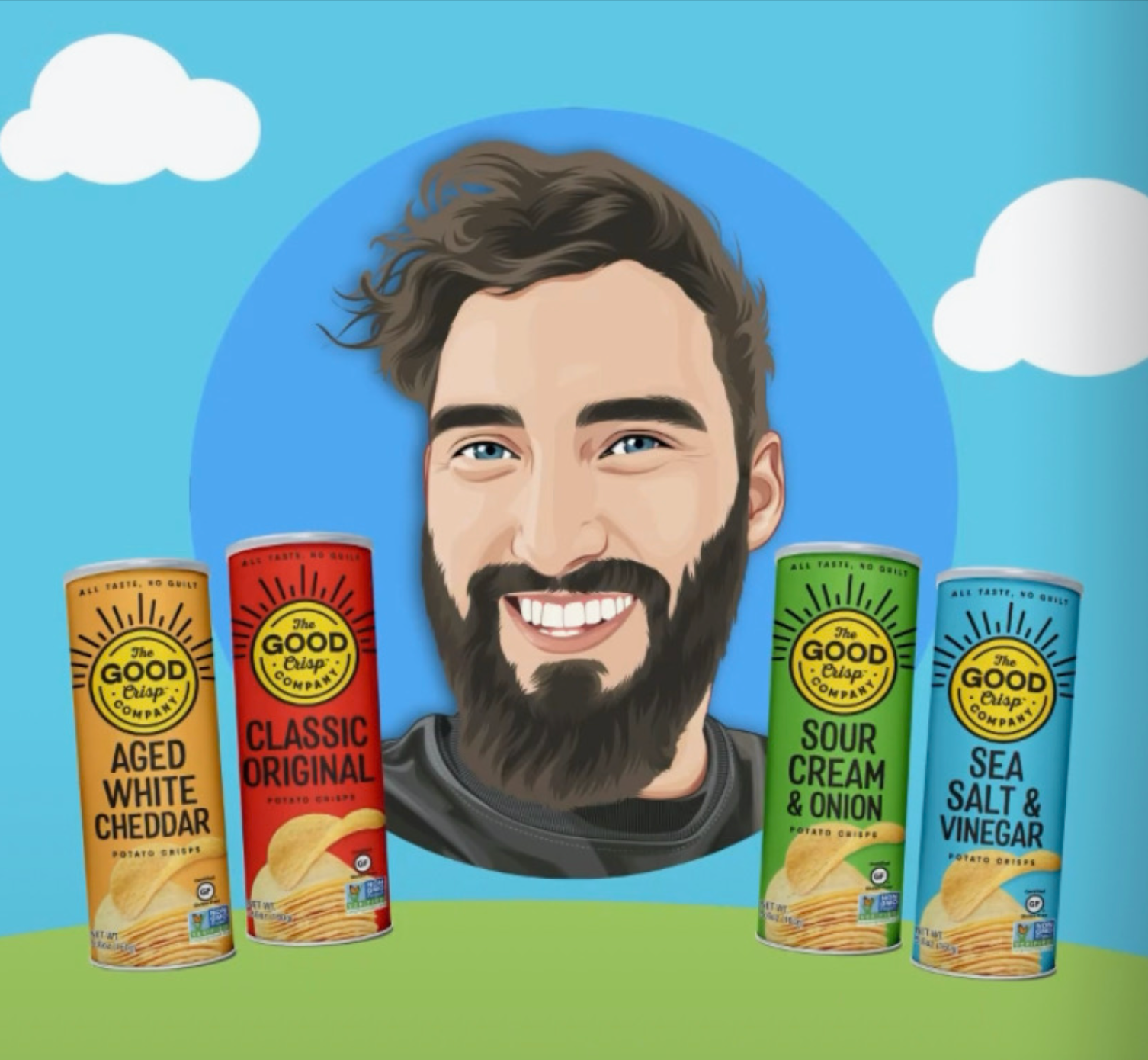 Illustration of Matt's face in the sky, alongside cannisters of Sea Salt & Vinegar, Sour Cream & Onion, Classic Original and Aged White Cheddar chips
