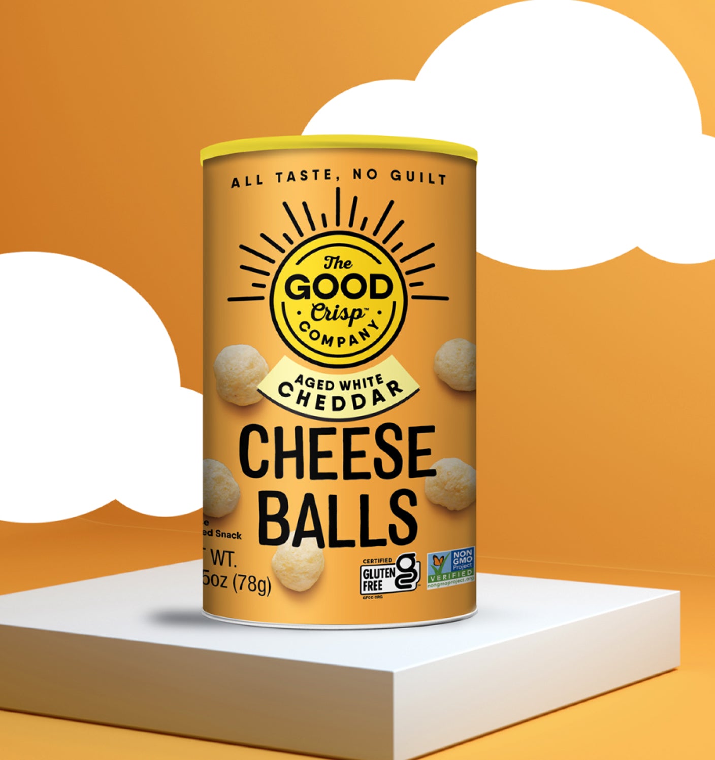 Aged White Cheddar Cheese Balls cannister presented with illustrated clouds