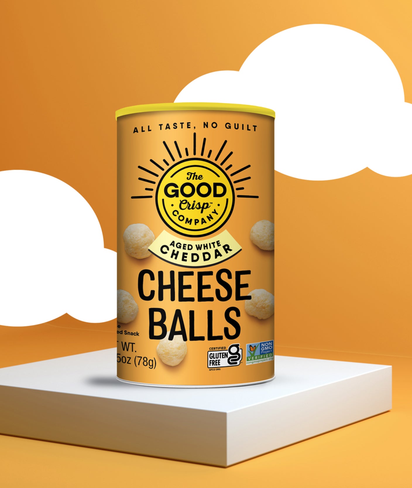 Aged White Cheddar Cheese Balls cannister presented with illustrated clouds